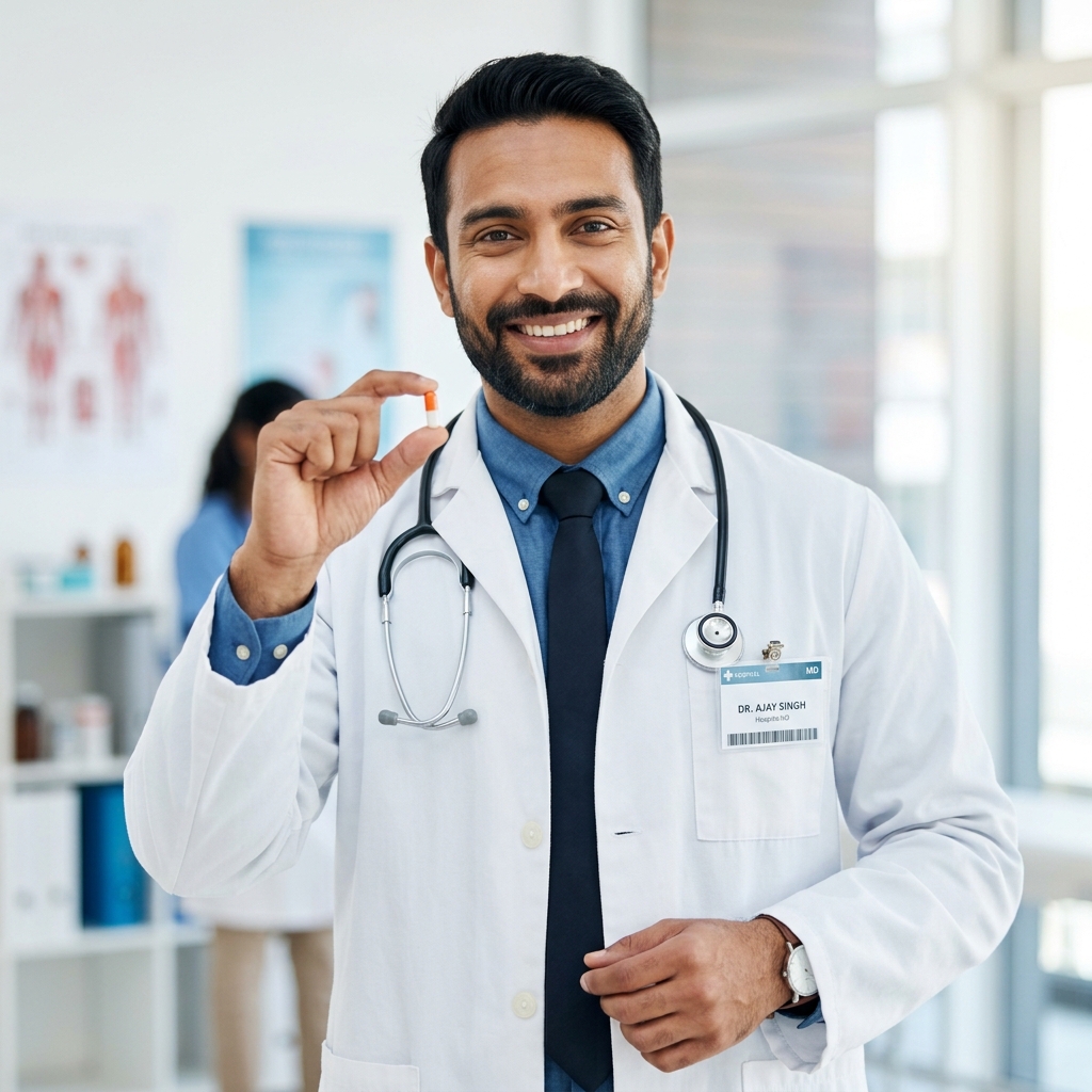 Physician holding medicine capsule representing Curitin franchise monopoly
