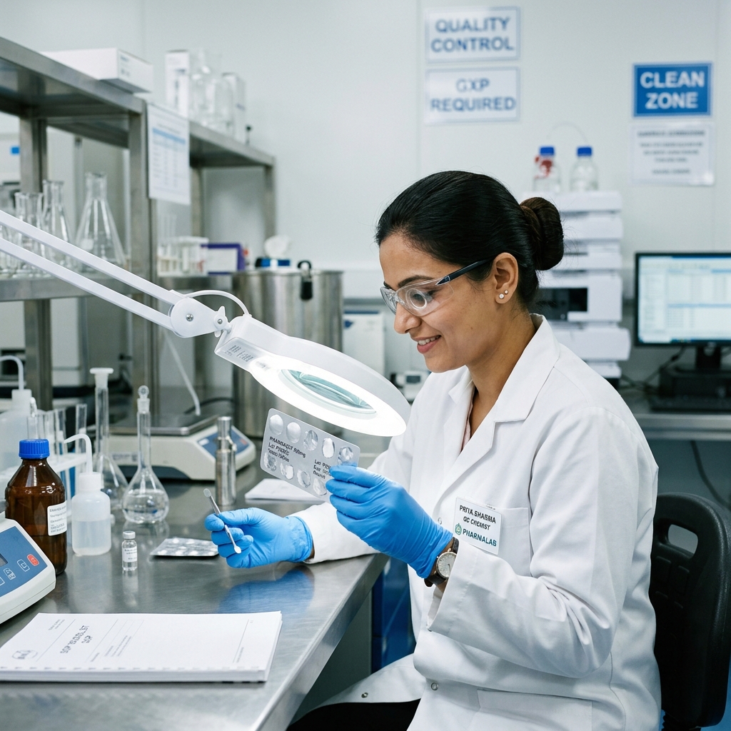 Quality control chemist evaluating pharmaceutical blister pack